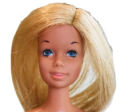 the face of a blonde 1970s Malibu Barbie